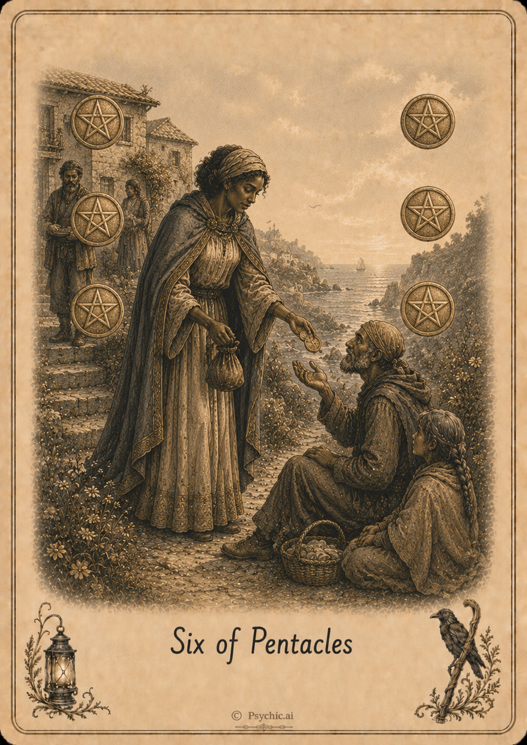 Six of Pentacles tarot card illustration